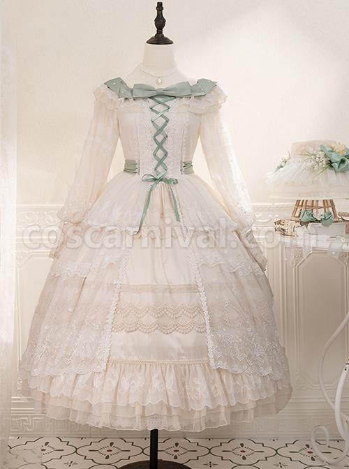 Delicate-Ornate-Pleated-Embroidered-Lace-Layered-Hem-Cross-Straps-Bow-Knot-Classic-Lolita-Long-Sleeve-Dress-coscarnival-3029