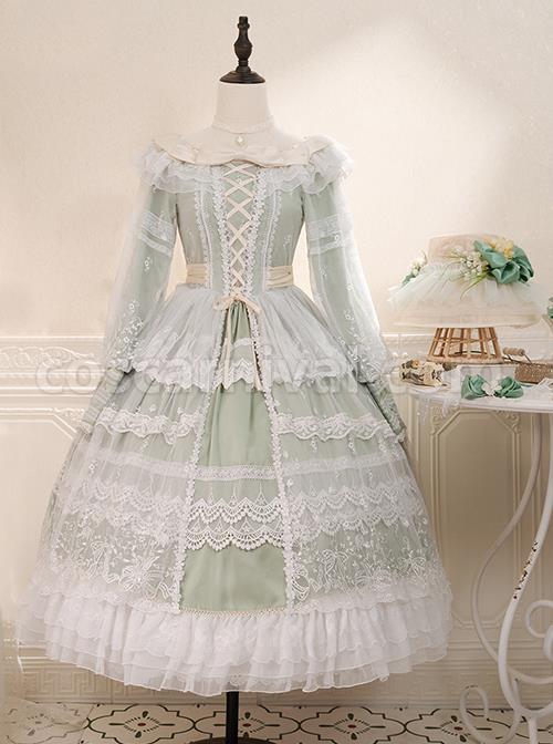 Delicate-Ornate-Pleated-Embroidered-Lace-Layered-Hem-Cross-Straps-Bow-Knot-Classic-Lolita-Long-Sleeve-Dress-coscarnival-3037