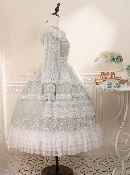 Delicate-Ornate-Pleated-Embroidered-Lace-Layered-Hem-Cross-Straps-Bow-Knot-Classic-Lolita-Long-Sleeve-Dress-coscarnival-3041