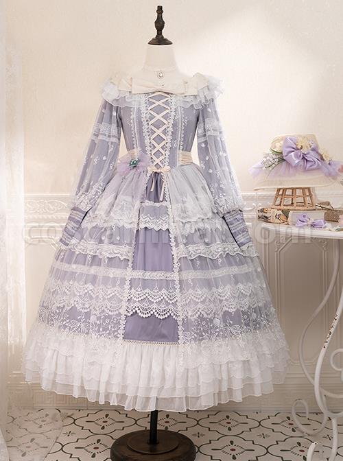 Delicate-Ornate-Pleated-Embroidered-Lace-Layered-Hem-Cross-Straps-Bow-Knot-Classic-Lolita-Long-Sleeve-Dress-coscarnival-3050