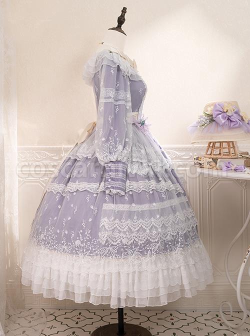 Delicate-Ornate-Pleated-Embroidered-Lace-Layered-Hem-Cross-Straps-Bow-Knot-Classic-Lolita-Long-Sleeve-Dress-coscarnival-3051