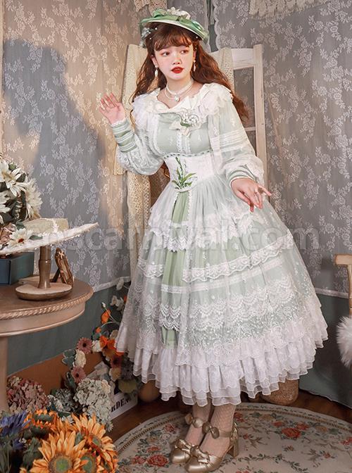 Delicate-Ornate-Pleated-Embroidered-Lace-Layered-Hem-Cross-Straps-Bow-Knot-Classic-Lolita-Long-Sleeve-Dress-coscarnival-3070