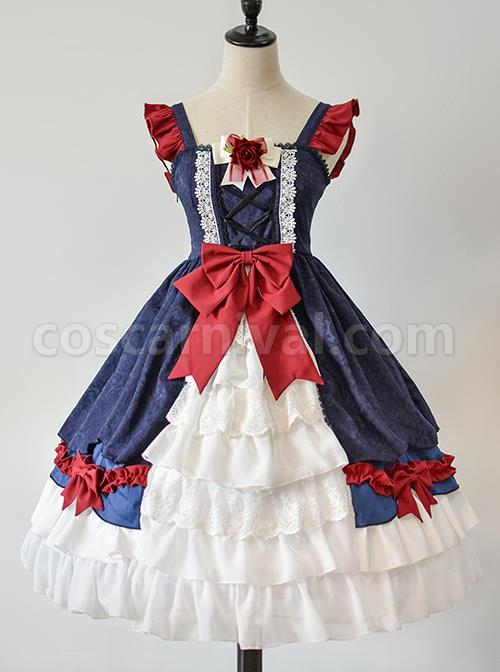 Delicate-Print-Ornament-Pleated-Lace-Red-Bow-Knot-Design-Cross-Tie-Jacquard-Lace-Classic-Lolita-Dress-coscarnival-3005