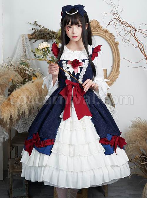 Delicate-Print-Ornament-Pleated-Lace-Red-Bow-Knot-Design-Cross-Tie-Jacquard-Lace-Classic-Lolita-Dress-coscarnival-3015