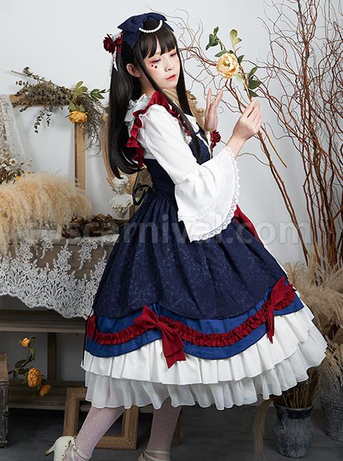 Delicate-Print-Ornament-Pleated-Lace-Red-Bow-Knot-Design-Cross-Tie-Jacquard-Lace-Classic-Lolita-Dress-coscarnival-3034