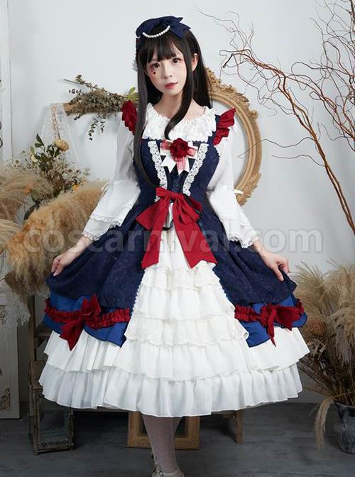 Delicate-Print-Ornament-Pleated-Lace-Red-Bow-Knot-Design-Cross-Tie-Jacquard-Lace-Classic-Lolita-Dress-coscarnival-3046