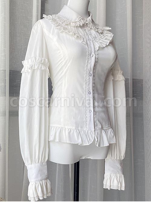 Delicately Pleated Ruffled Doll Neck Design Chiffon Court Style Slim Fit Classic Lolita White Long Sleeve Blouse coscarnival