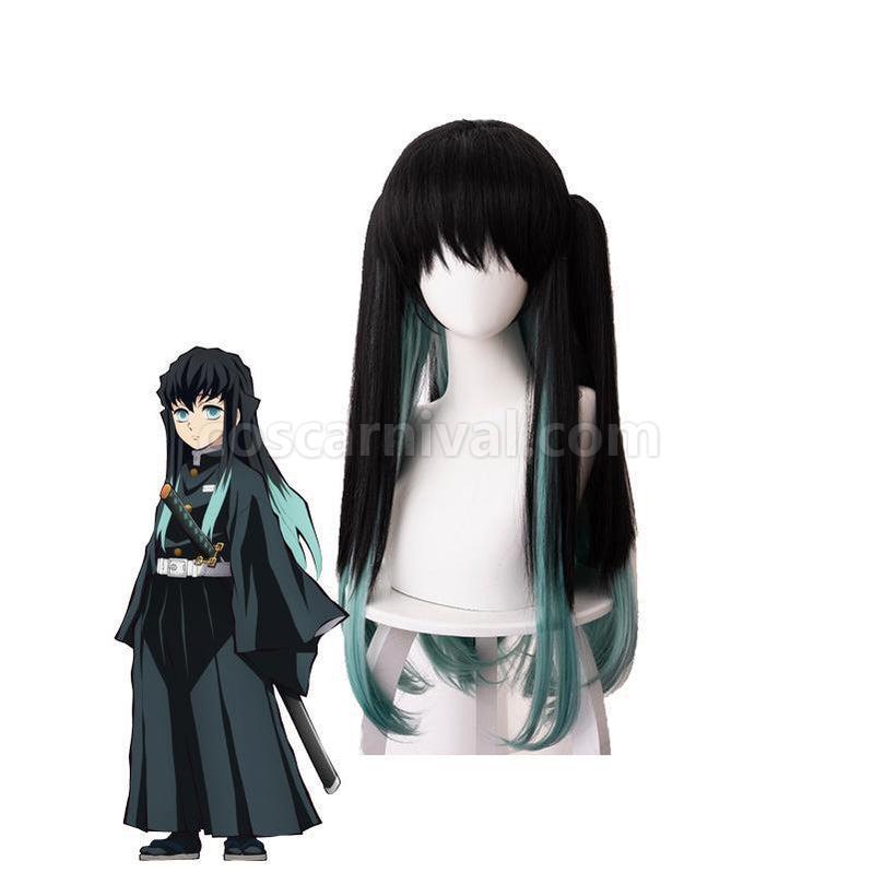 Demon Slayer Tokitou Muichirou Long Straight Green Mixed Black Cosplay Wigs coscarnival011119446