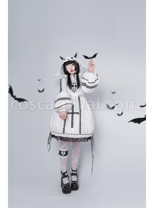 Devil Rabbit Series OP Autumn Winter Halloween Gothic Lolita Long Sleeve Dress With Detachable Plush Rabbit Ears Hat
