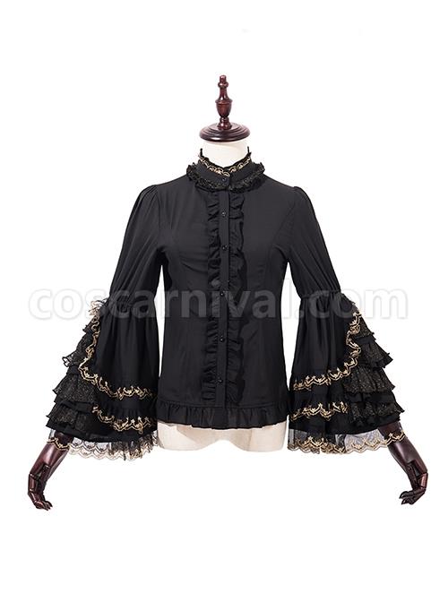 Do Not Fall Kingdom Series Gorgeous Stand Collar Heavy Industry Gold Embroidery Flared Sleeve Ruffle Classic Lolita Long Sleeve Shirt coscarnival