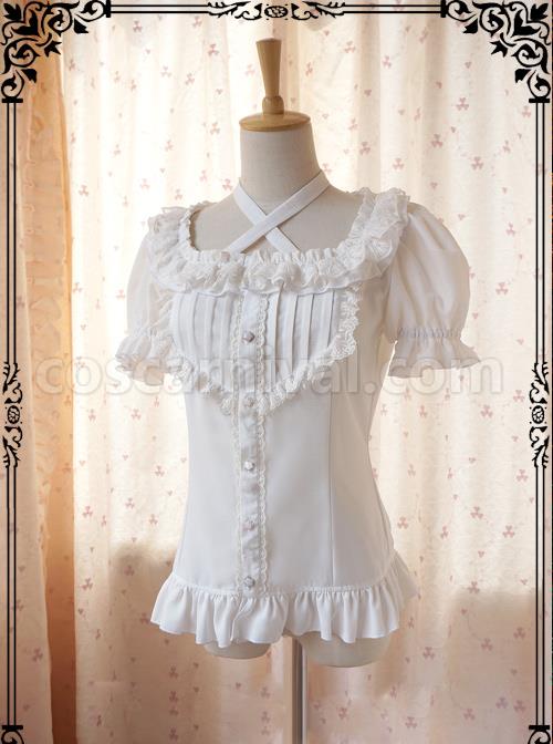 Elegance White Rayon Classic Lolita Short Sleeve Shirt coscarnival