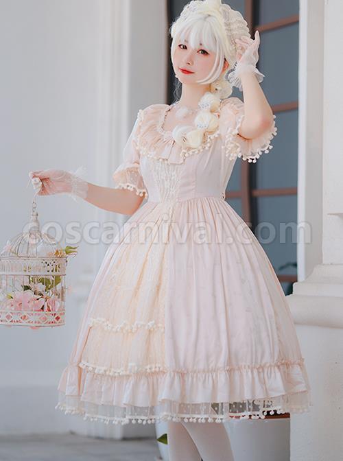 Elegant-And-Delicate-Lace-Floral-Jacquard-Pleated-Ruffled-Square-Neckline-Bow-Knot-Trim-Classic-Lolita-Short-Sleeve-Dress-coscarnival-1699