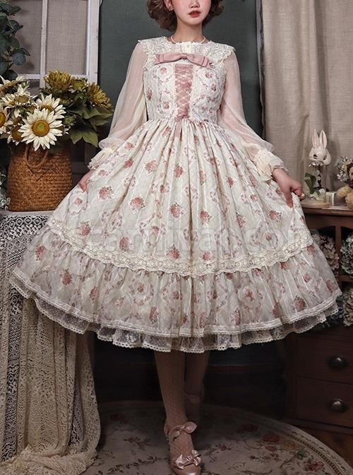 Elegant-And-Delicate-Pink-Floral-Print-Design-Jacquard-Lace-Trim-Bow-Knot-Tie-Classic-Lolita-Slip-Dress-coscarnival-2915