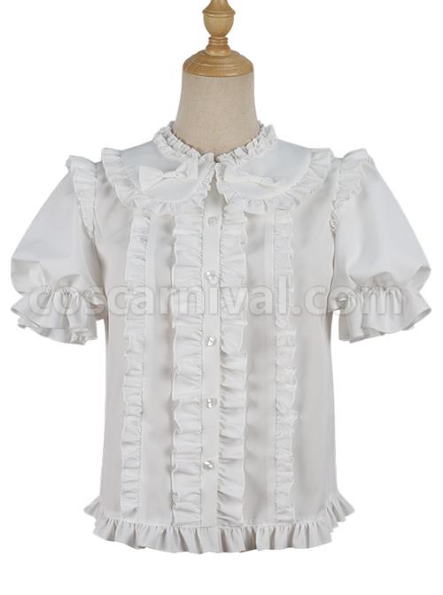 Elegant And Simple Double Row Pleated Lace Trim Doll Neckline Decoration Chiffon Classic Lolita Blouse coscarnival