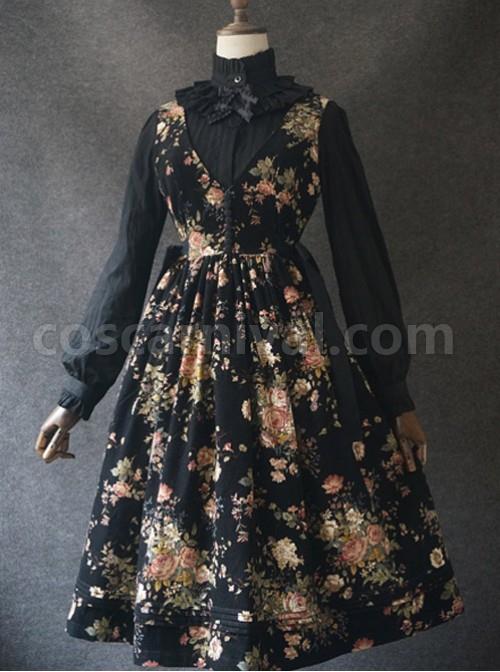 Elegant Black Flowers V Collar Lolita Vest Dress coscarnival