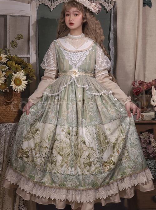 Elegant Classical Pearl Gothic Lolita OP Half Turtleneck Three-Dimensional Embroidery Stitching Lace Detachable Bubble Long Sleeve Dress coscarnival