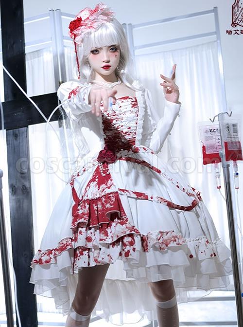 Elegant Small Square Collar Detachable Rose Ornament Pearl Bubble Long Sleeve Front Short Back Long Gothic Lolita Dress coscarnival