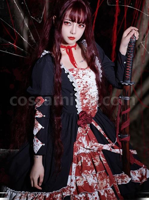 Elegant Small Square Collar Detachable Rose Ornament Pearl Bubble Long Sleeve Front Short Back Long Gothic Lolita Dress