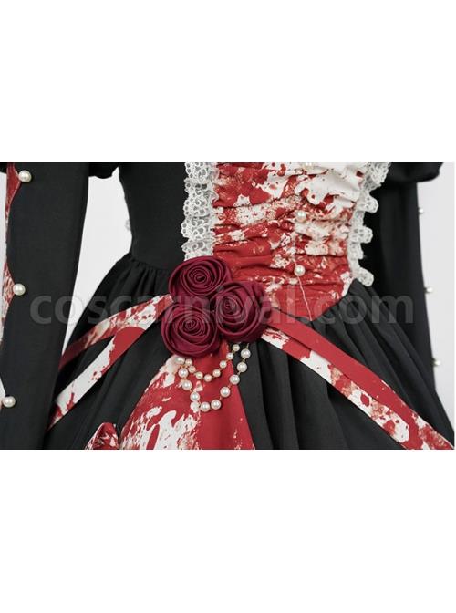 Elegant Small Square Collar Detachable Rose Ornament Pearl Bubble Long Sleeve Front Short Back Long Gothic Lolita Dress