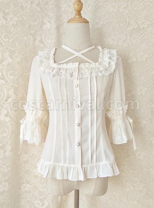 Elegant Square Neck Lacing All-Match Lace Chiffon Classic Lolita Half-Sleeved Shirt coscarnival