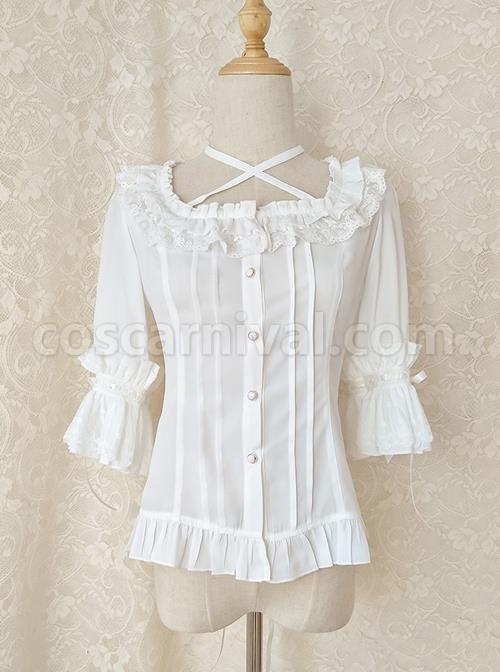Elegant Square Neck Lacing All-Match Lace Chiffon Classic Lolita Half-Sleeved Shirt