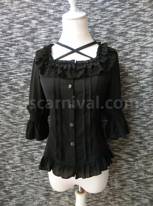 Elegant Square Neck Lacing All-Match Lace Chiffon Classic Lolita Half-Sleeved Shirt