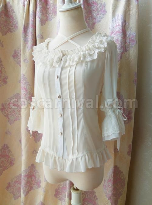 Elegant Square Neck Lacing All-Match Lace Chiffon Classic Lolita Half-Sleeved Shirt