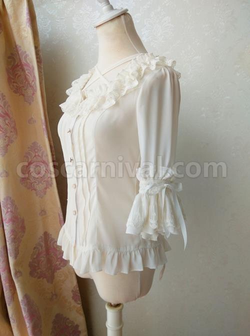 Elegant Square Neck Lacing All-Match Lace Chiffon Classic Lolita Half-Sleeved Shirt