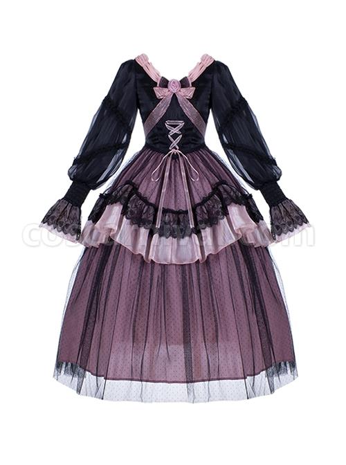 Elegant-Two-Color-Autumn-Flower-Bow-Knot-Decorate-Lace-Lantern-Sleeve-Petal-Hem-Classic-Lolita-Long-Sleeve-Dress-coscarnival-2883