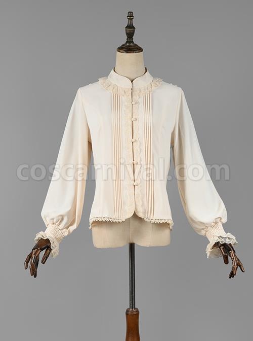 Elegant Vintage Pleated Lace Neckline Design Jacquard Lace Cuff Trim Classic Lolita Long Sleeve Chiffon Blouse coscarnival