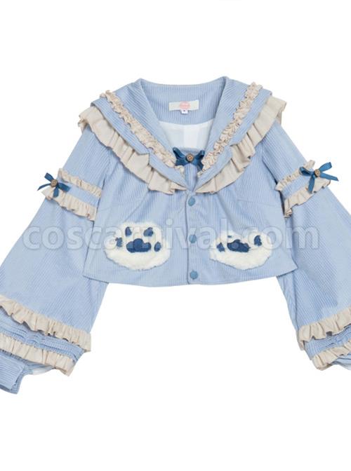 Explore The Stars Series Ruffle Blue Sweet Lolita Long Sleeve Cute Short Shirt coscarnival
