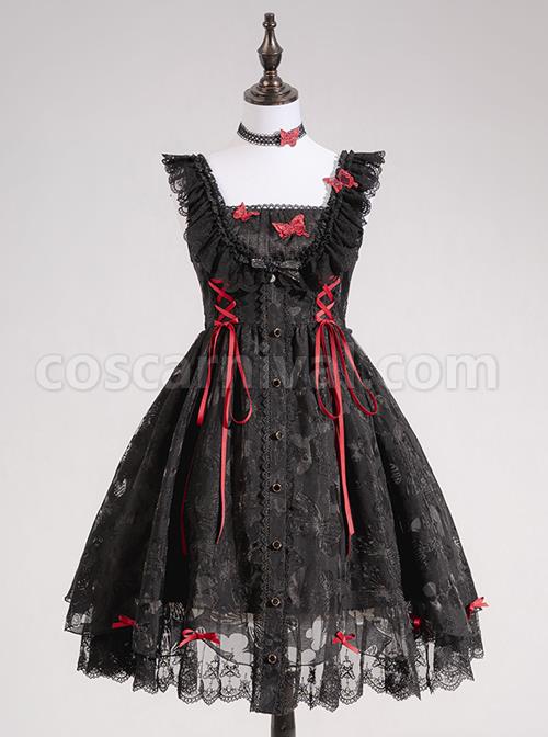 Floating Moon Dark Night Series JSK Dark Night Black Organza Gothic Lolita Sling Dress coscarnival