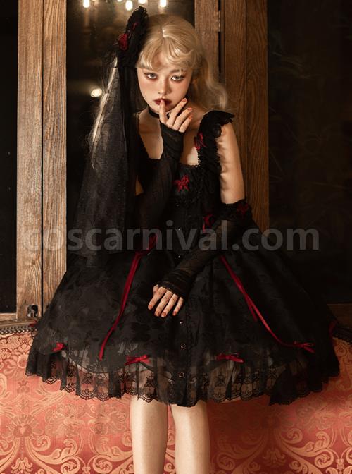 Floating Moon Dark Night Series JSK Dark Night Black Organza Gothic Lolita Sling Dress coscarnival