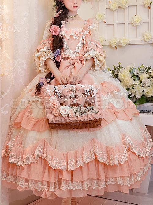 Flower-Garden-Series-OP-Pink-Pastoral-Retro-Girl-Style-Delicate-Lace-Jacquard-Trim-Bow-Knot-Classic-Lolita-Short-Sleeve-Dress-coscarnival-2807