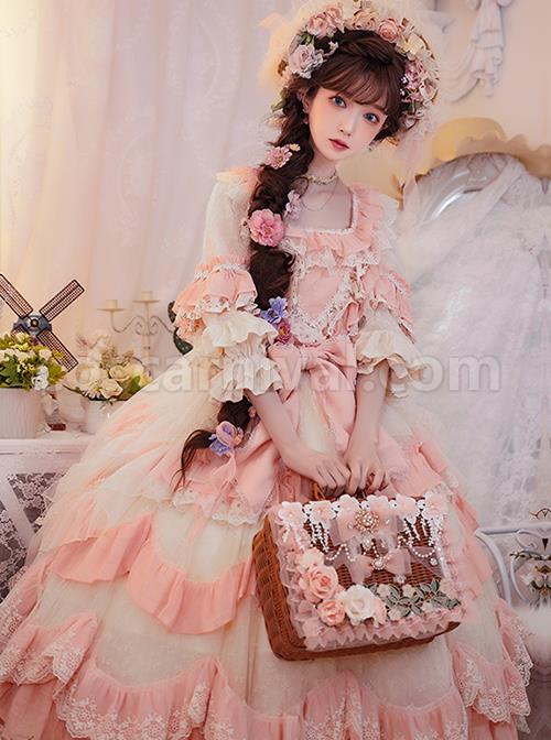 Flower-Garden-Series-OP-Pink-Pastoral-Retro-Girl-Style-Delicate-Lace-Jacquard-Trim-Bow-Knot-Classic-Lolita-Short-Sleeve-Dress-coscarnival-2811