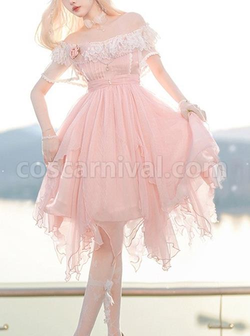 Flower-Mist-Series-OP-Chest-Lace-With-Pearl-Chain-Irregular-Skirt-Off-The-Shoulder-Two-Wear-Short-Sleeved-Sweet--Lolita-Dress-coscarnival-1037