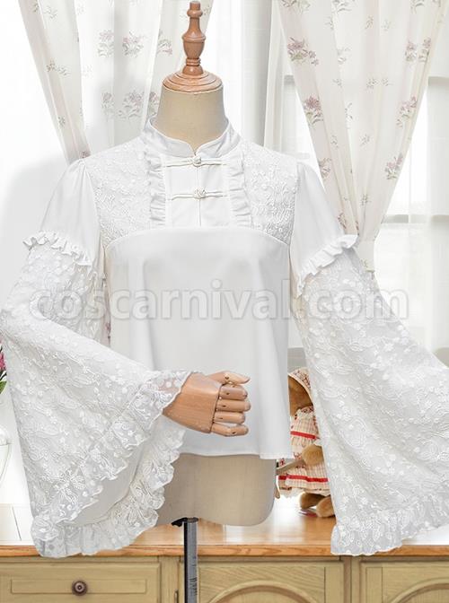 Flowery Dreams Series Chinese Style Full Lace Big Cuff Classic Lolita White Long Sleeve Shirt coscarnival