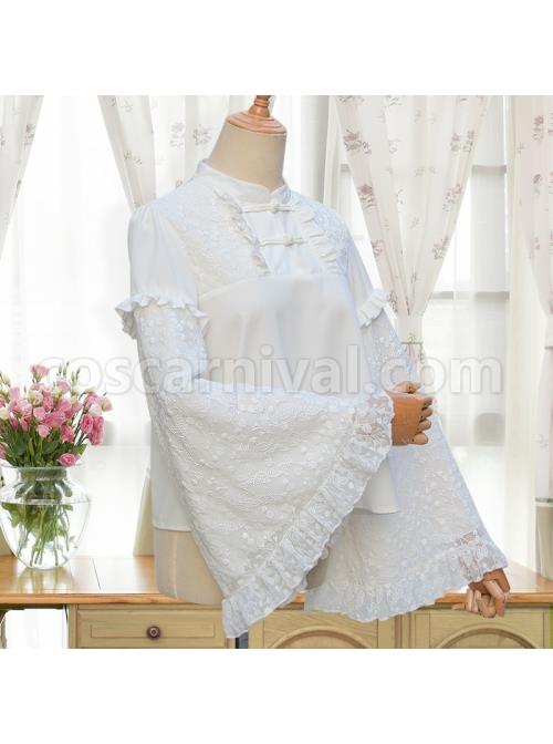 Flowery Dreams Series Chinese Style Full Lace Big Cuff Classic Lolita White Long Sleeve Shirt coscarnival