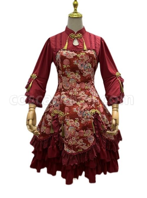 Flying-Flower-Command-Series-OP-Chinese-Style-Elegant-Printing-Tassel-Disc-Buckle-Hem-Folds-Classic-Lolita-Long-Sleeve-Dress-coscarnival-2769