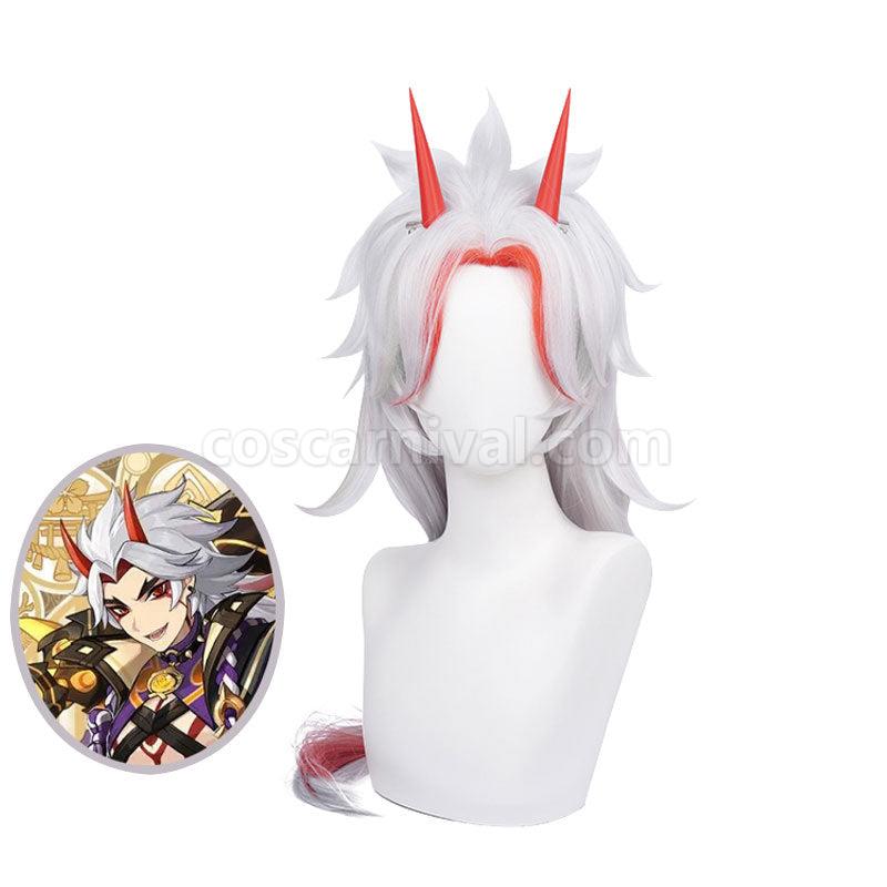 Genshin Impact Arataki Itto Silver Mixed Red Long Cosplay Wigs With Props coscarnival01118763