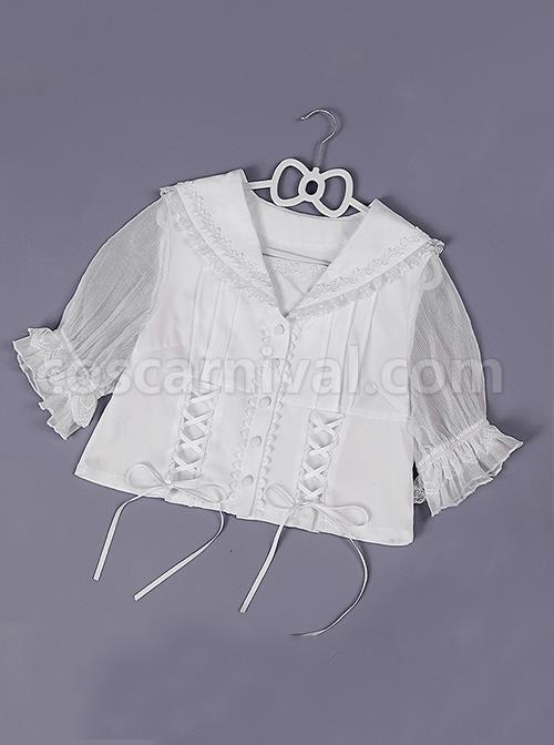 Gentle And Simple Cute Rabbit Ears Decorated Navy Square Neck Hem Cross Rope White Short Sleeve Blouse coscarnival