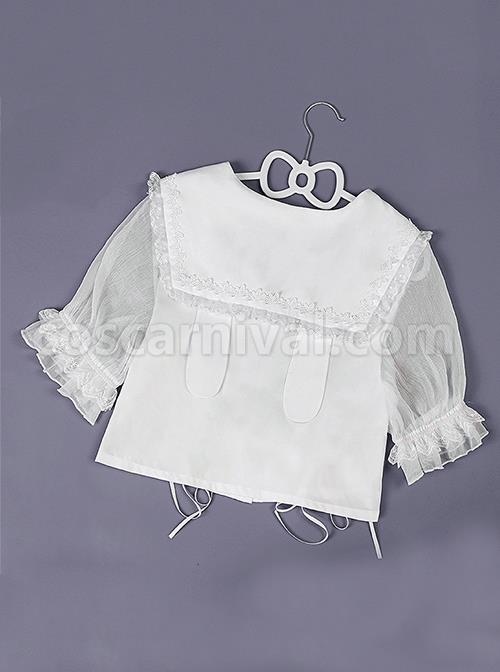 Gentle And Simple Cute Rabbit Ears Decorated Navy Square Neck Hem Cross Rope White Short Sleeve Blouse coscarnival