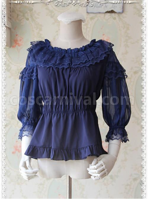 Glass Stripe Big Bubble Sleeve Lolita Deep Blue Half Sleeves Shirt coscarnival