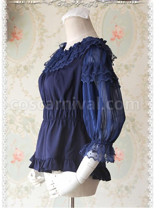 Glass Stripe Big Bubble Sleeve Lolita Deep Blue Half Sleeves Shirt coscarnival