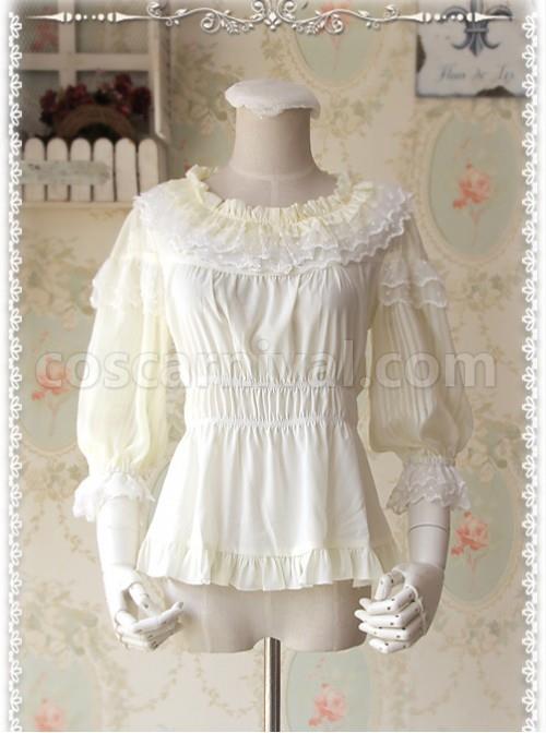 Glass Stripe Big Bubble Sleeve Lolita Milky White Half Sleeves Shirt coscarnival