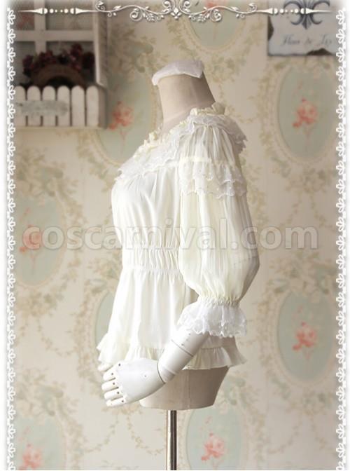 Glass Stripe Big Bubble Sleeve Lolita Milky White Half Sleeves Shirt coscarnival