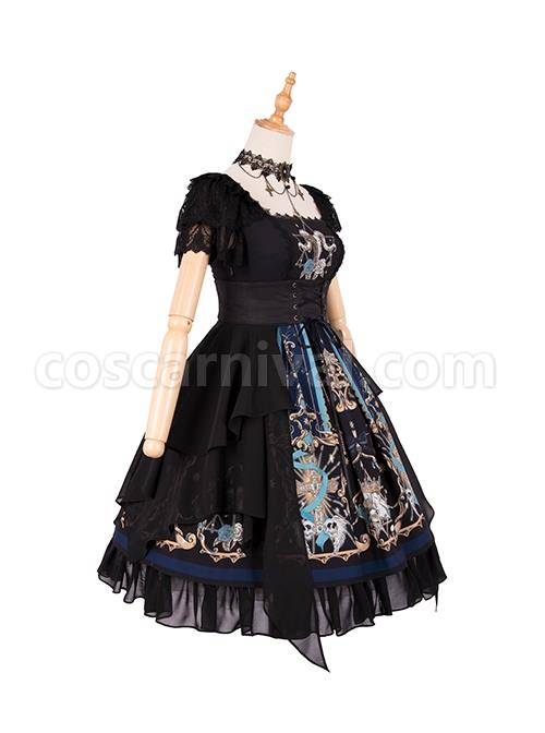 God Redemption Series OP Dark Double Chiffon Pleats Cross Skull Print Black Girdle Design Gothic Lolita Short Sleeve Dress Set coscarnival