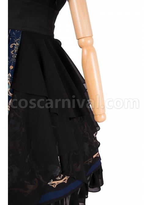 God Redemption Series OP Dark Double Chiffon Pleats Cross Skull Print Black Girdle Design Gothic Lolita Short Sleeve Dress Set