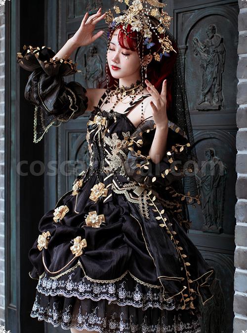 Golden Lily Series JSK Retro Elegant Palace Style Gothic Lolita Black And Golden Sling Dress coscarnival