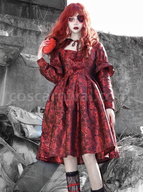 Gothic Bloody Red Rose Printing Long Sleeve Dress coscarnival